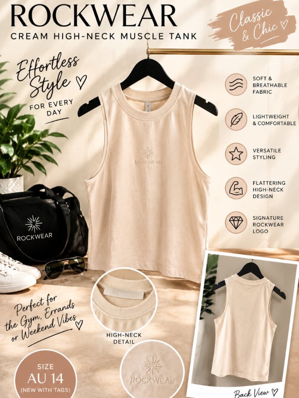 Rockwear Cream High-Neck Muscle Tank